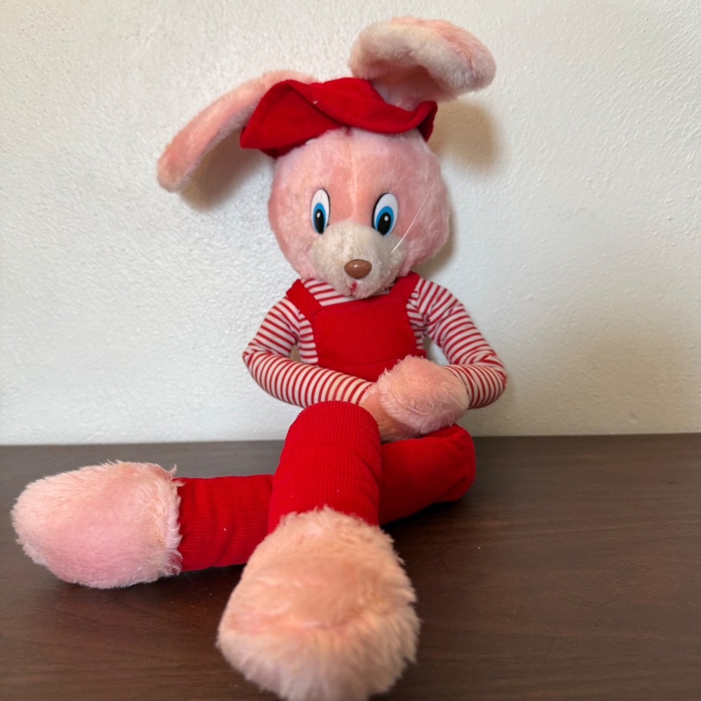 Vintage Interpur Pink Bunny Plush Shelf Sitter Red Corduroy Overalls Korea